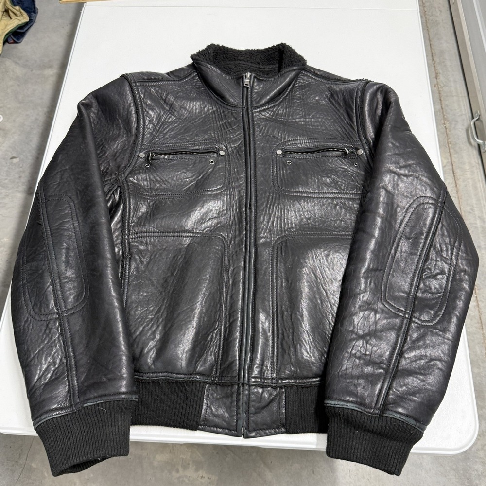 Knoles & Carter lamb skin Leather Bomber Jacket Mens 3XL Black Sherpa Lined Moto